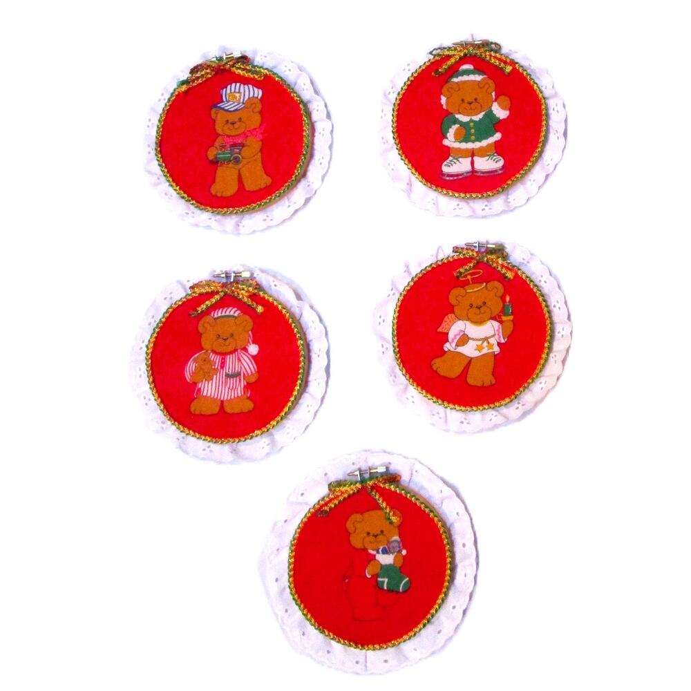 Artist Made Ornaments Christmas Bears Round 5 Inches White Lace Borders